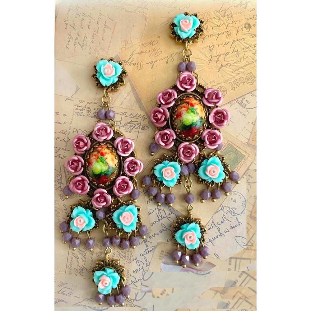 Michal Negrin Chandelier Earring Pink Turquoise Rose Bohemian Victorian Designer